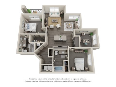 Floor plan for 2 beds, 2 baths, 1277 sqft